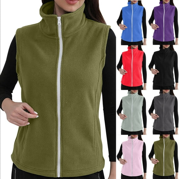 YHAJDS Women Fall Winter Casual Coat,Women's Fall Solid Color Double Fleece Sleeveless Jacket With Pockets Zipper Open Front Outerwear