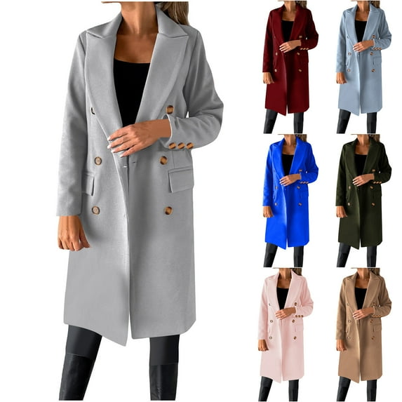 YHAJDS Women Fall Winter Casual Coat,Women's Winter Solid Color Wool Coat With Lapel Double Breasted Long Sleeve Formal Outerwear Jacket