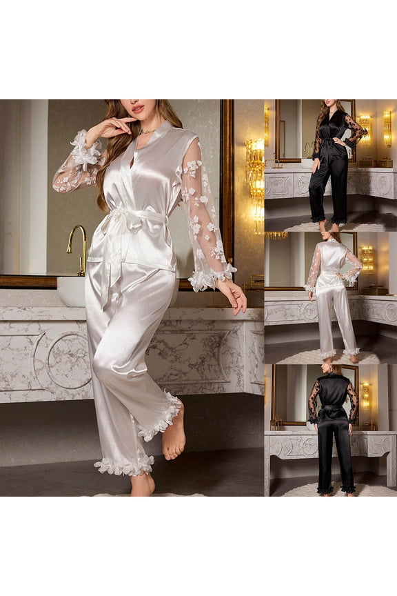 Women Fall Winter Sleepwear,Pajama Suits For Women,Solid Color With Floral Embroidery And Lace Sheer Mesh Sleeves Faux Silk Top And Pants Set