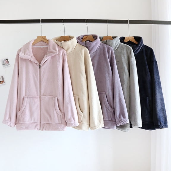 YHAJDS Women Fall Winter Sleepwear,Pajama Suits For Women,Solid Color Long Sleeve Button Up Cardigan,Thickened Fleece Lining,Warm Cozy Loungewear For Winter