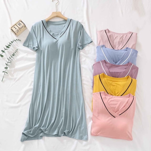 YHAJDS Women Fall Winter Sleepwear,Sleepwear With Built In Bra,Sleepwear For Women Nightgown,Short Sleeves V Neck Nightgown,Solid Color,Loose,Mid Calf Length, Soft Winter Fall