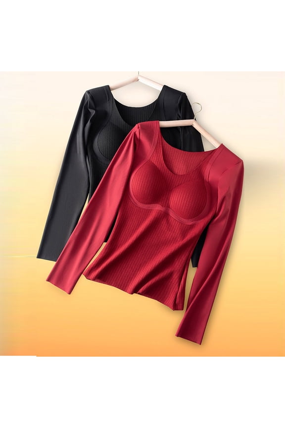 Women Fall Winter Sleepwear,Sleepwear With Built In Bra,Women Sleepwear Set,Ladies Winter Fall Solid Color High Elastic Ribbed Fleece Top,Lifting Warm Long Sleeve Inner Wear