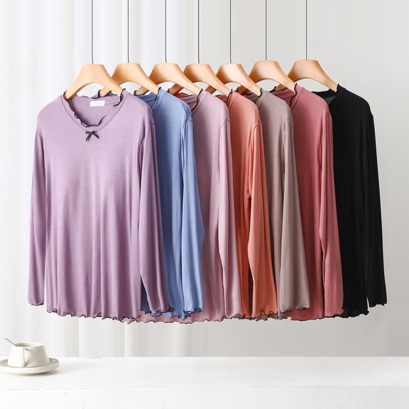 YHAJDS Women Fall Winter Sleepwear,Sleepwear With Built In Bra,Women Sleepwear Set,Solid Color Long Sleeve Pajama Top For Women,Loose Top With Non Removable Bra And Bowknot Details