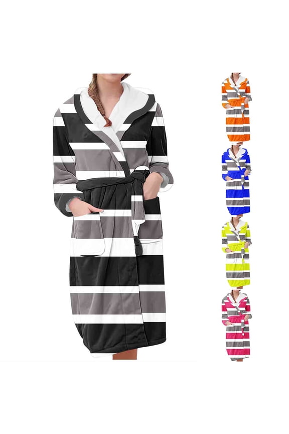 Women Fall Winter Sleepwear,Sleepwear For Women Nightgown,Long Length Flannel Robe,Striped Print Sleep Robe For Fall And Winter