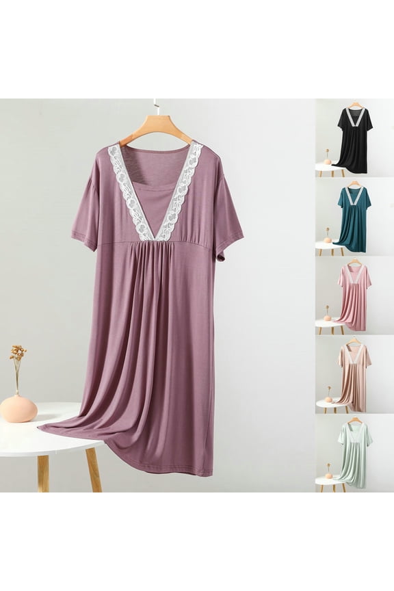 Women Fall Winter Sleepwear,Sleepwear For Women Nightgown,Sleep Set,Women's Casual Fashion Solid Color Plus Size Lace Crew Neck Long Nightgown,Soft Warm Sleepwear