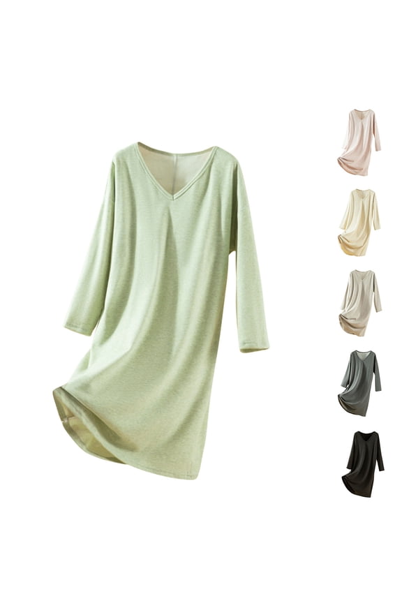 Women Fall Winter Sleepwear,Sleepwear For Women Nightgown,Sleepwear With Built In Bra,Women's Casual Fashion Solid Color V Neck Long Nightgown With Built In Bra,Soft Warm Sleepwear
