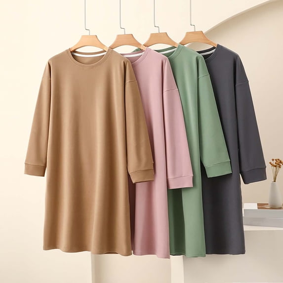 YHAJDS Women Fall Winter Sleepwear,Sleepwear For Women Nightgown,Women Sleepwear Set,Solid Color Thermal Velour Round Neck Long Sleeve Loose Mid Calf Nightgown For Women Winter