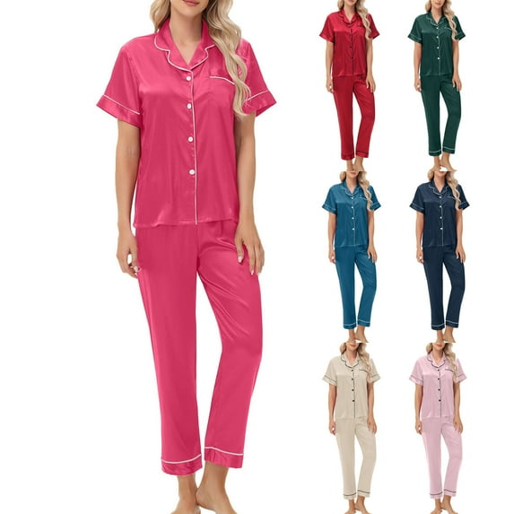 YHAJDS Women Fall Winter Sleepwear,Sleepwear For Women Pajama Set,Women Sleepwear Set,2 Piece Pajama Set,Short Sleeves Solid Color Top,Pajama Pants Women Soft,Winter Fall