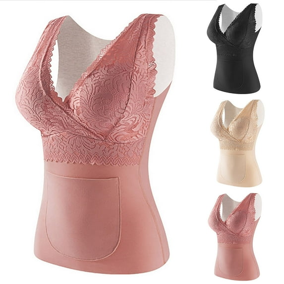 YHAJDS Women Fall Winter Sleepwear,Thermal Tank Top Women,Sleepwear With Built In Bra,Plus Size Warm Fleece Tank Top With Pockets,Inner Wear Undershirt For Fall And Winter