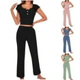 thumbnail image 1 of YHAJDS Women Fall Winter Sleepwear,Women's Pajama Set,Sleep Set,Solid Color Ribbed Short Sleeve Crop Top And Pants Casual Loungewear Sleepwear Set, 1 of 5