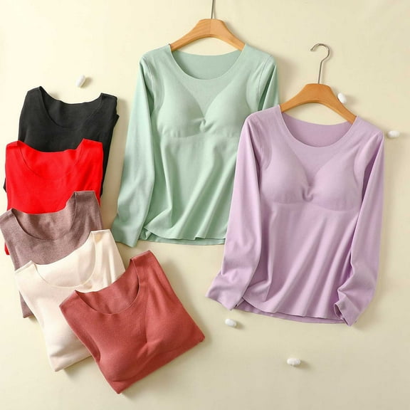 YHAJDS Women Fall Winter Sleepwear,Women's Pajama Set,Sleepwear With Built In Bra,Home Wear Women's Fall And Winter Thickened Thermal Top With Removable Padded Bra Crew Neck Long Sleeve Pajama Top