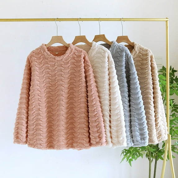 YHAJDS Women Fall Winter Sleepwear,Women's Winter Fleece Lined Thick Warm Long Sleeve Crew Neck Loose Pajama Top