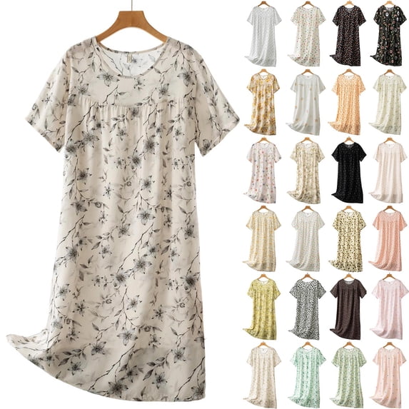 YHAJDS Women Floral Short Sleeve Nightgown Loose Soft Long Sleep Dress Round Neck Loungewear
