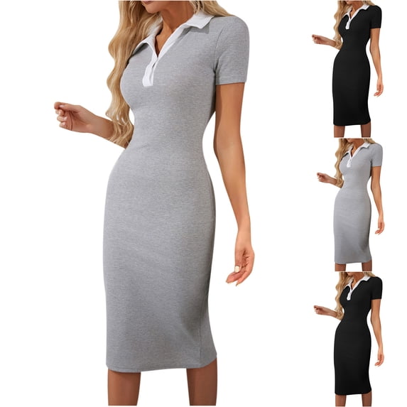 YHAJDS Women Gown Stylish Color Short Sleeve V Neck Bodycon Long Pencil Dress