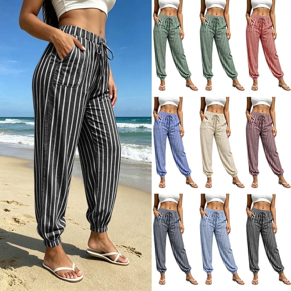 YHAJDS Women Joggers Relaxed Cut Drawstring Elastic Waist Striped Faux Linen Lightweight Loose Casual Pants With Pockets