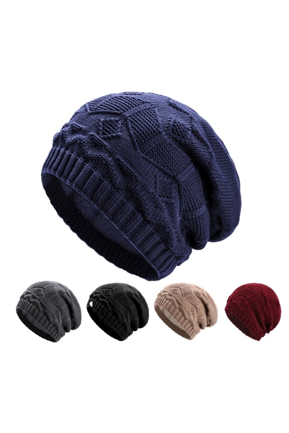Women Knit Beanie Hat Slouchy Elastic Ribbed Ear Flap Diamond Pattern Winter Cap