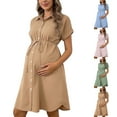 thumbnail image 1 of YHAJDS Women Maternity Dress Short Sleeve Button Down Collar Solid Color Belted Shirt Style Knee Length Dress, 1 of 5