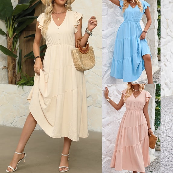 YHAJDS Women Short Sleeve Dress Summer Solid Color Button Detail Pleated Flowy V Neck Dress