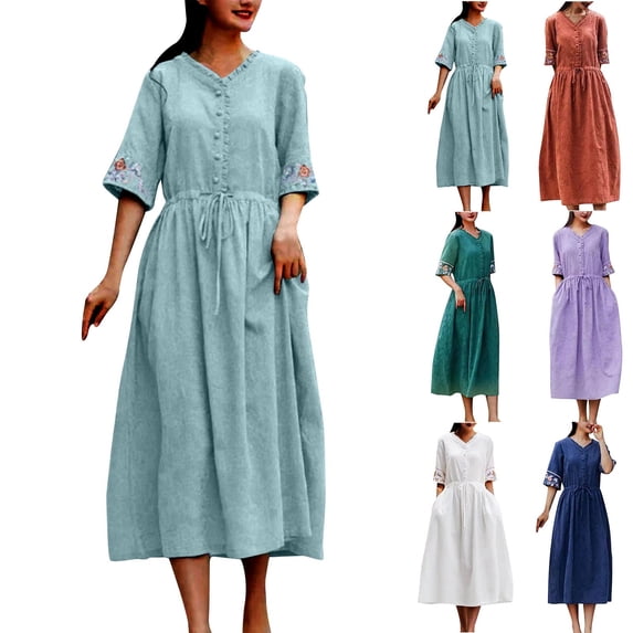 YHAJDS Women Short Sleeve Dress Summer Vintage Embroidered Ankle Length Maxi Dress