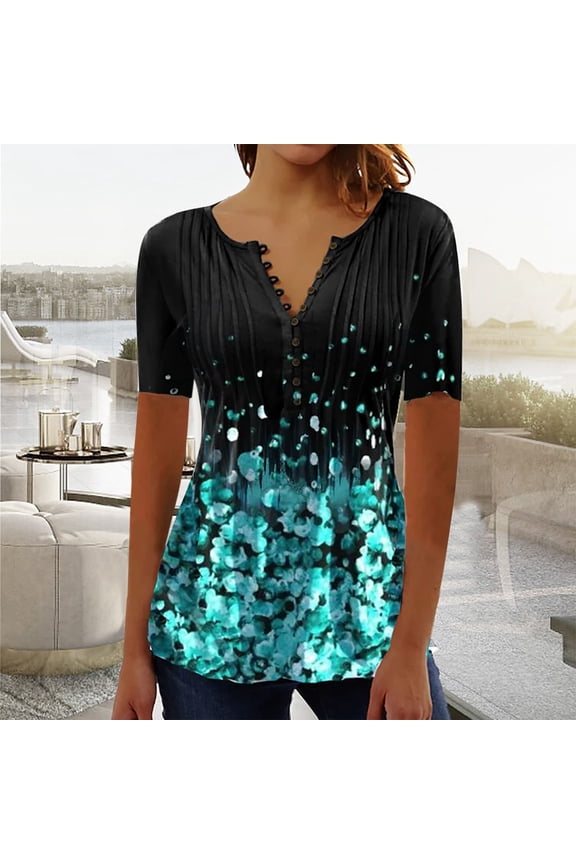 Women Short Sleeve Tops Summer Tops Blouses V Neck Button Front Digital Print Blouse with Ruching Detail Casual Wear