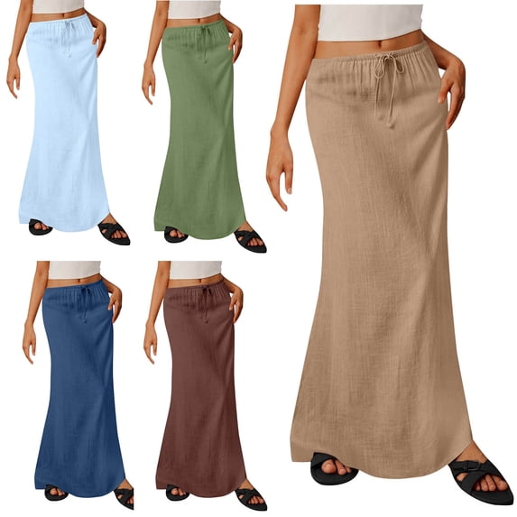 YHAJDS Women Skirt Solid Color Faux Linen Long Skirt With Pockets Elastic Waist