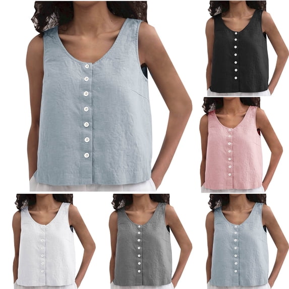 YHAJDS Women Sleeveless Casual Shirts Solid Color Round Neck Linen Like Sleeveless Top With Button Detail For Spring