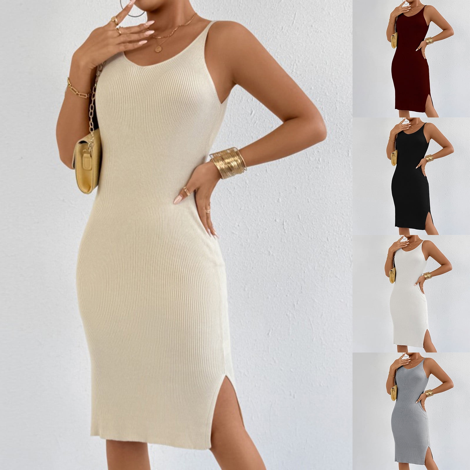 YHAJDS Women Sleeveless V-Neck Dress Solid Color Knit Ribbed Tank ...