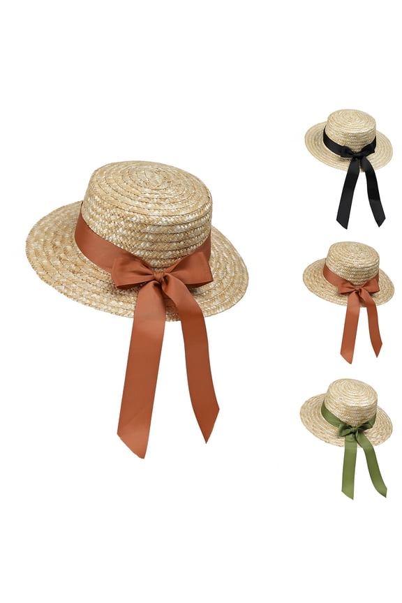Women Straw Hat Solid Color Bow Sun Protection Bucket Cap Summer Beach Daily