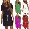 thumbnail image 1 of YHAJDS Women Summer Casual Dress Solid Color Short Sleeve V Neck Pocket Belted Waist Midi Length Dress, 1 of 5