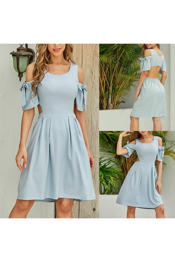 Women Tank Midi Dress Summer Solid Color Off Shoulder Bow Detail Short Sleeve Dress