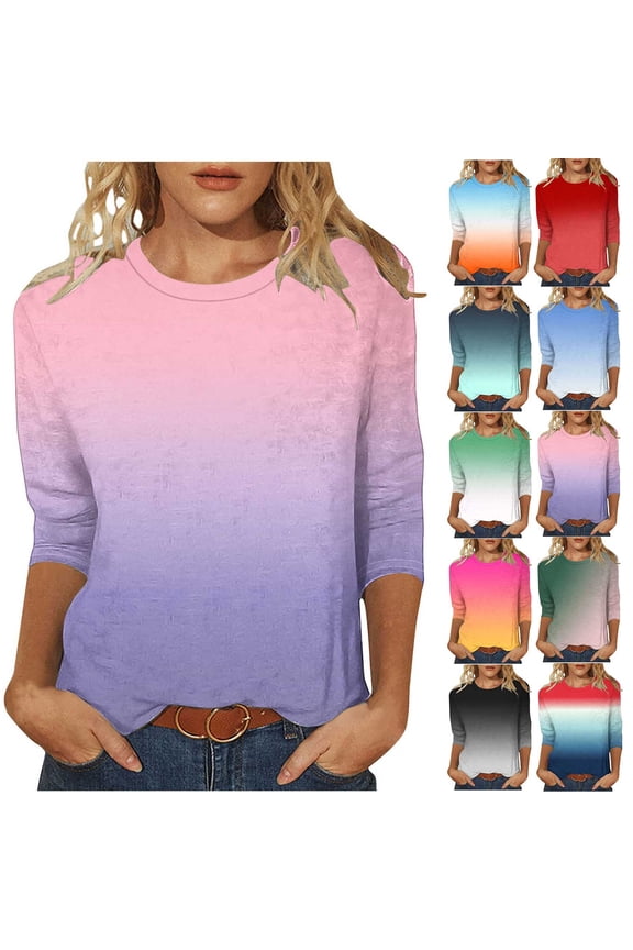 Women Tops Half Sleeves Color Crew Neck Casual Pull Over Tee Spring Summer