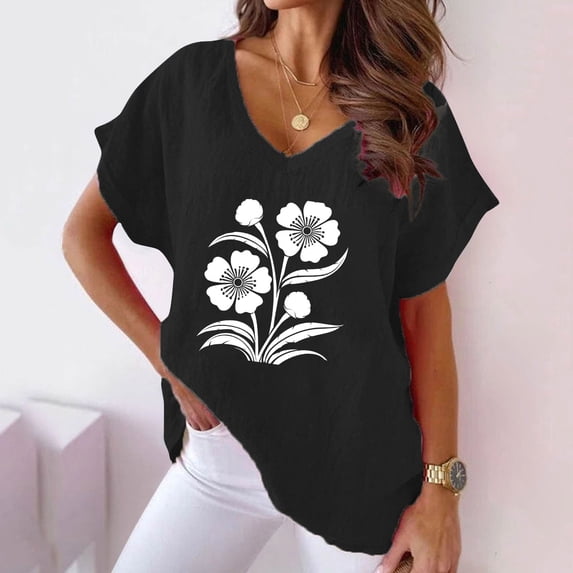 YHAJDS Women Tops Short Sleeve Shirts for Women V Neck Print T Shirt Comfortable Casual Blouse Spring Summer