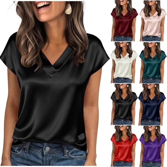 YHAJDS Women Tops or Blouses Fashion Solid Color Casual Satin V Neck Short Sleeve Stylish Top