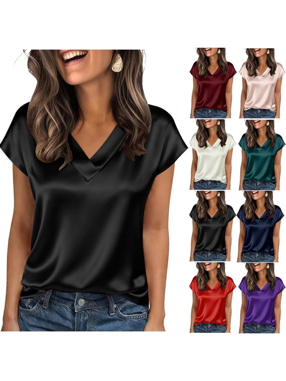 Women Tops or Blouses Fashion Solid Color Casual Satin V Neck Short Sleeve Stylish Top