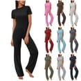 thumbnail image 1 of YHAJDS Women TrackSuit 2 Piece Set Solid Round Neck Short Sleeve Top Drawstring Elastic Waist Pants, 1 of 5