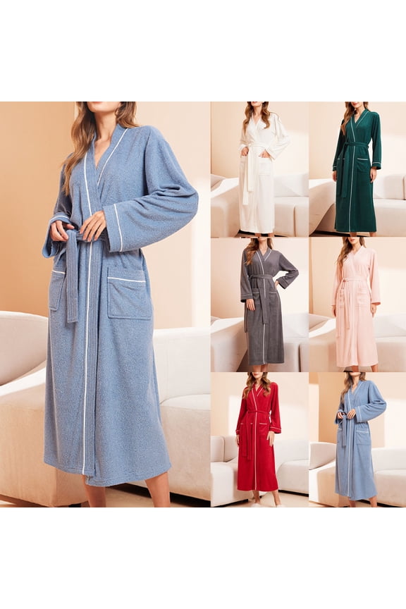 Women Winter Casual Pajama Suits,Sleepwear for Women Pajama Set Women's Solid Color Cloth V Neck Long Sleeve Bathrobe With Belt And Pockets for Makeup And Morning Wear Winter