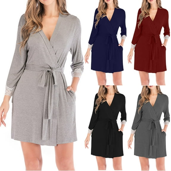 YHAJDS Women Winter Casual Pajama Suits,Sleepwear for Women,Sleepwear for Women Nightgown Solid Color Lace Cardigan 3/4 Sleeve Home Wear Sleep Set