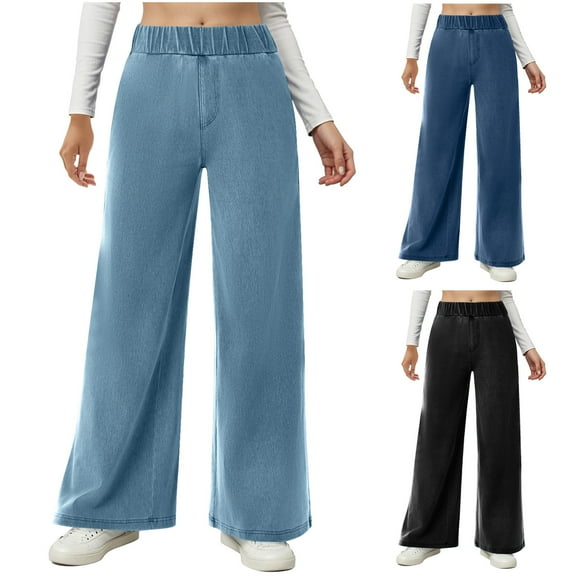 YHAJDS Women Winter Casual Pants,Plus Size Sweatpants,Women's Denim Wide Leg Pants High Waist Straight Leg Jeans Casual Long Pants