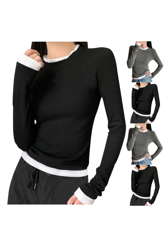 Women Winter Oversized Sweatshirt,Women Long Sleeve Tops Womens Sweatshirts Blouse Coat Solid Color Crew Neck Faux Two Piece Layered Look Pullover