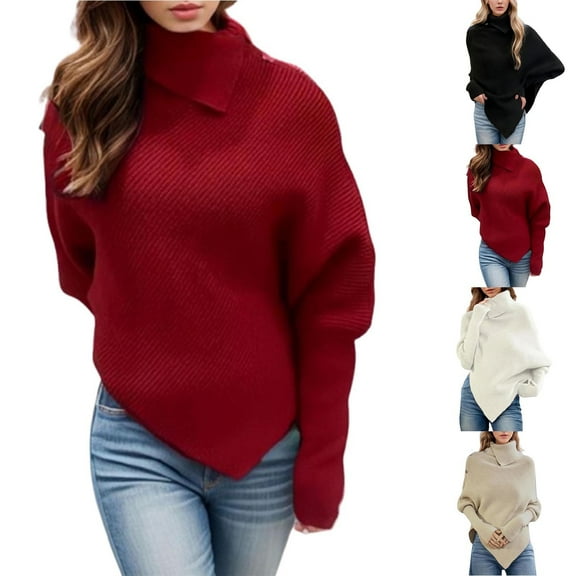 YHAJDS Women Winter Oversized Sweatshirt,Women's Long Sleeve Tops Womens Sweatshirts Blouse Coat Asymmetrical High Neck Button Batwing Sleeve Knit Pullover Sweater for Fall and Winter