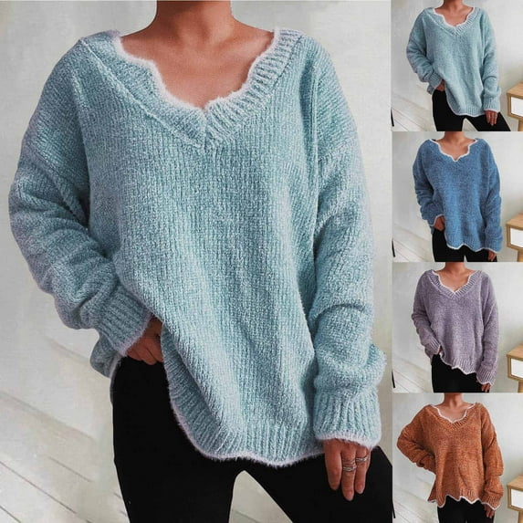 YHAJDS Women Winter Oversized Sweatshirt,Women's Long Sleeve Tops Womens Sweatshirts Blouse Coat Solid Color V Neck Loose Long Sleeve Pullover Thick Knit Sweater for Fall and Winter