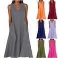 thumbnail image 1 of YHAJDS Women and Dress Sleeveless V Neck Solid Color Tank Casual Midi Dress, 1 of 5