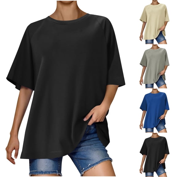 YHAJDS Women's Basic T-Shirts Short Sleeve Solid Color Round Neck Loose Fit Tee