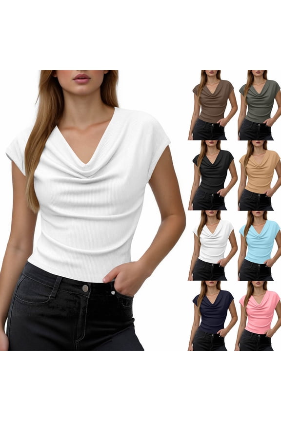 Women's Basic T Shirts Women's Short Sleeve Tops Quarter Sleeve V Neck Ribbed Roll Neck Lightweight Summer Casual Top