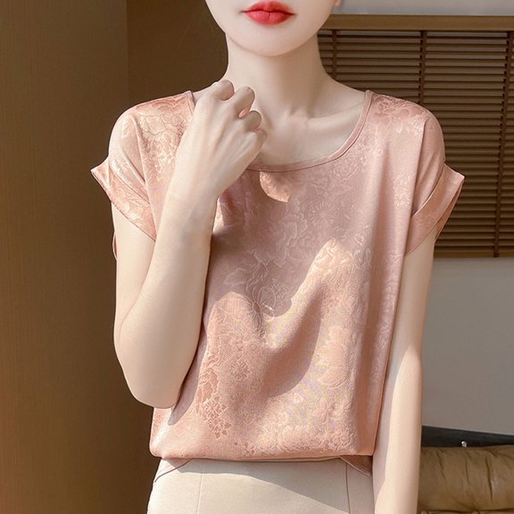 YHAJDS Women's Basic T-shirts Pullover Short Sleeve Round Neck Solid Color Casual