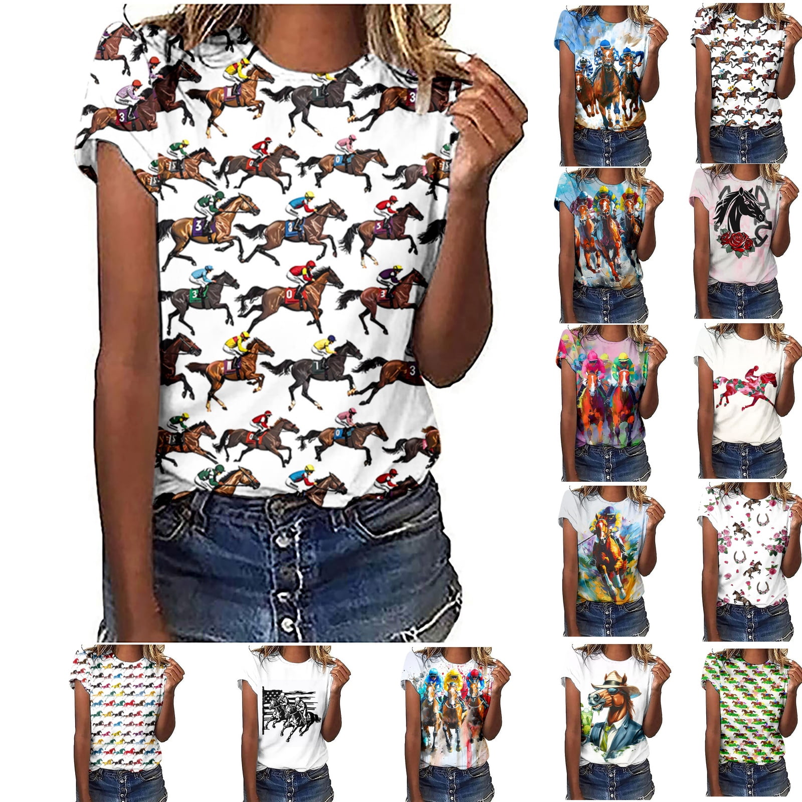 YHAJDS Women's Basic T-shirts Short Sleeve Horse Print Round Neck Top ...
