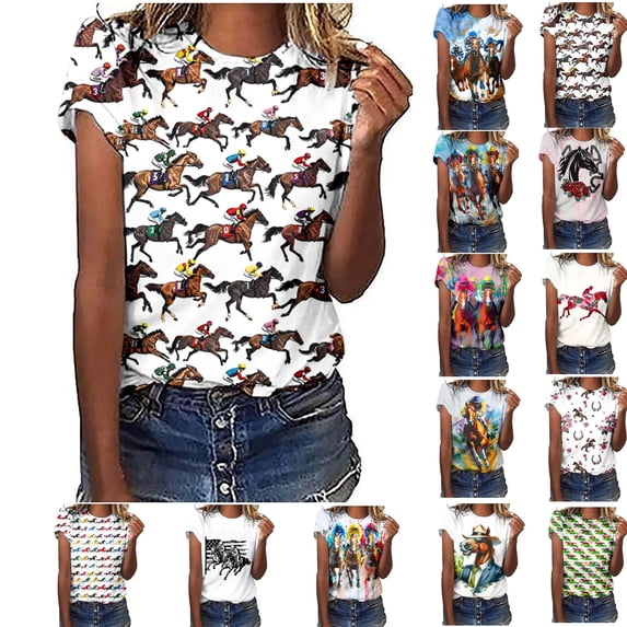 YHAJDS Women's Basic T-shirts Short Sleeve Horse Print Round Neck Top