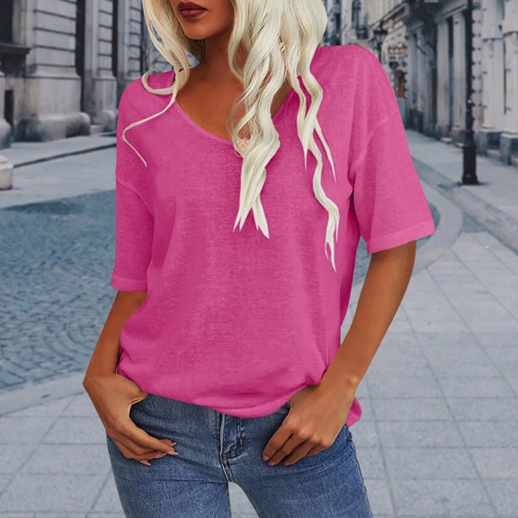 YHAJDS Women's Basic T-shirts Short Sleeve Round Neck Solid Color Classic Casual Tee