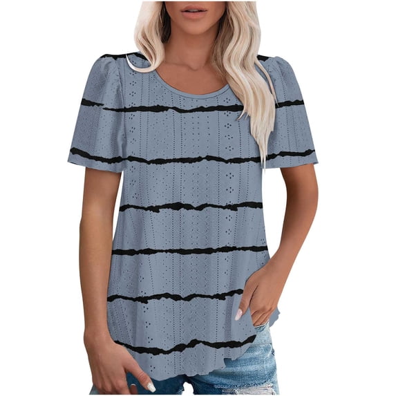YHAJDS Women's Basic T-shirts Stripe Round Neck Puff Sleeve Short Tee