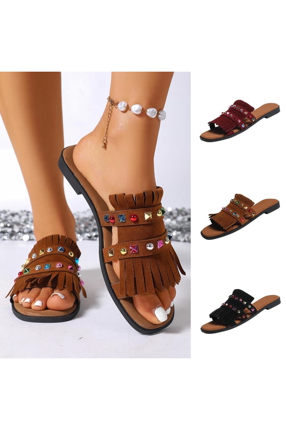 Women's Beach Flat Sandals Rhinestone Fringe Square Toe Open Toe Indoor Outdoor Home Comfort Slippers